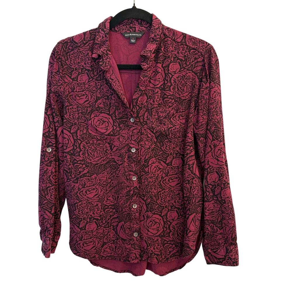 Rock & Republic Burgundy Rose Floral Button Up Blouse Roll Tab Sleeve Small